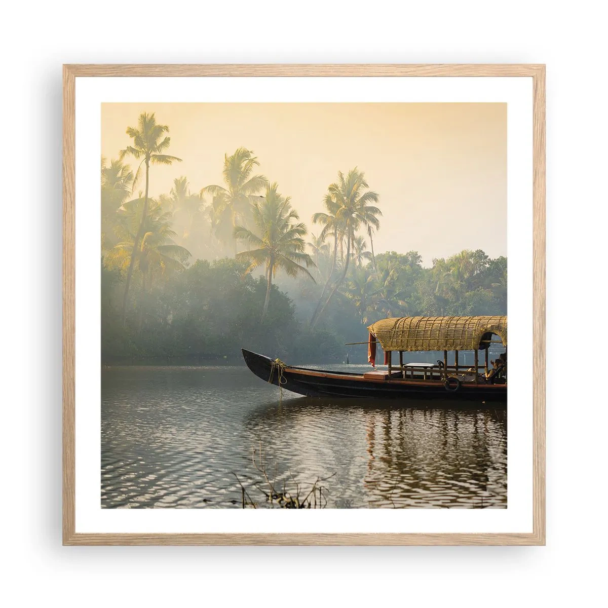 Plakat i ramme af lyst egetræ - Hus ved floden - 60x60 cm