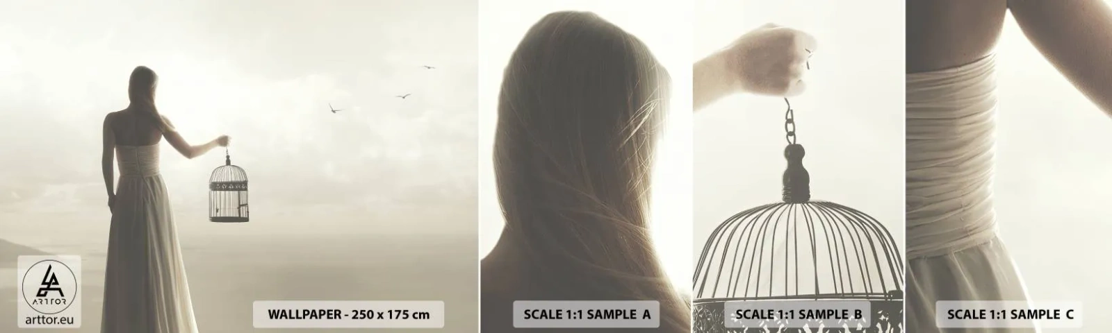 Fototapet Prøve Standard Eco - Vær fri - Kvinde, Fuglebur, Fugl - 100x30 cm