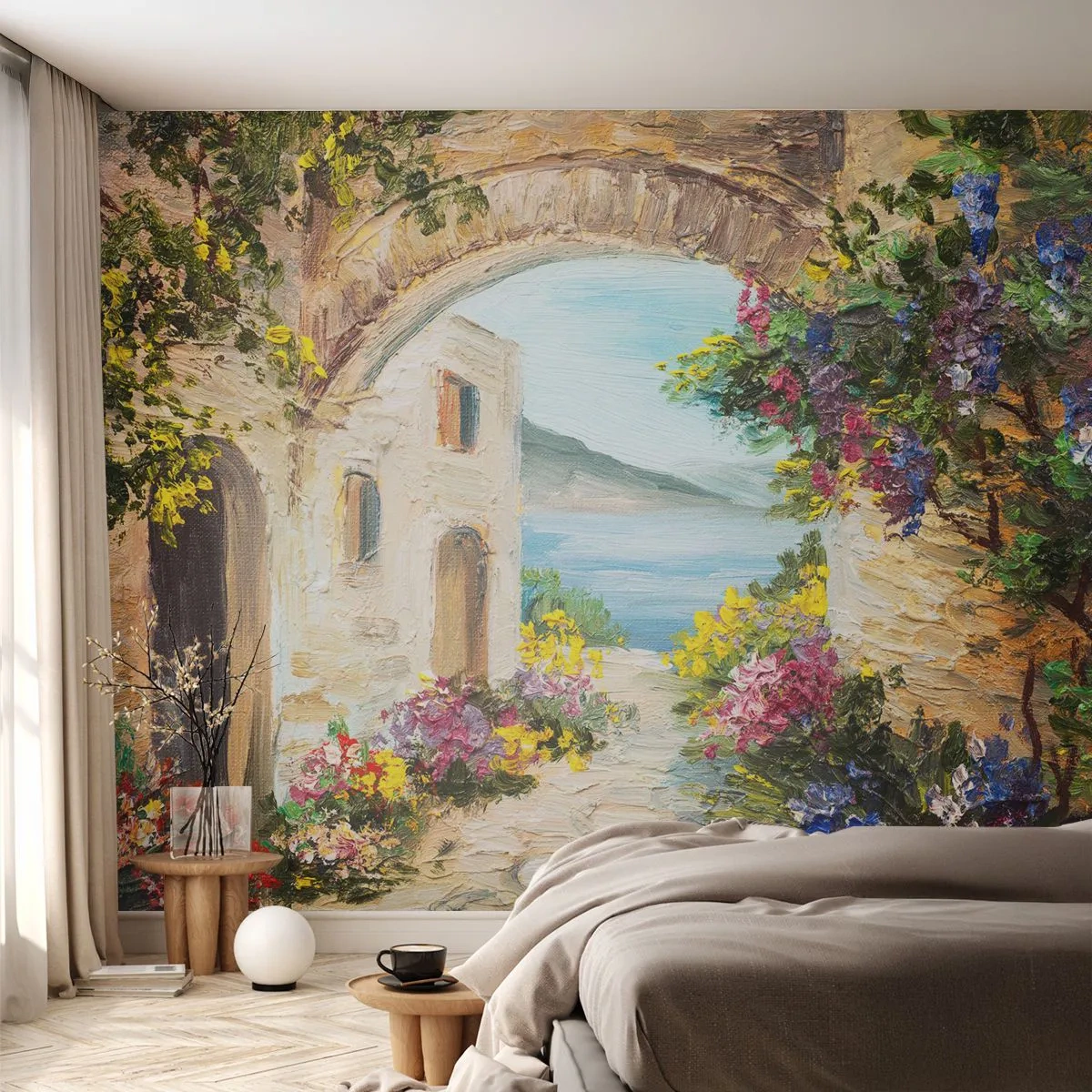 Fototapet Standard Eco - Charmen af kystlandskabet - Arkitektur, Grækenland, Blomster - 250x175 cm