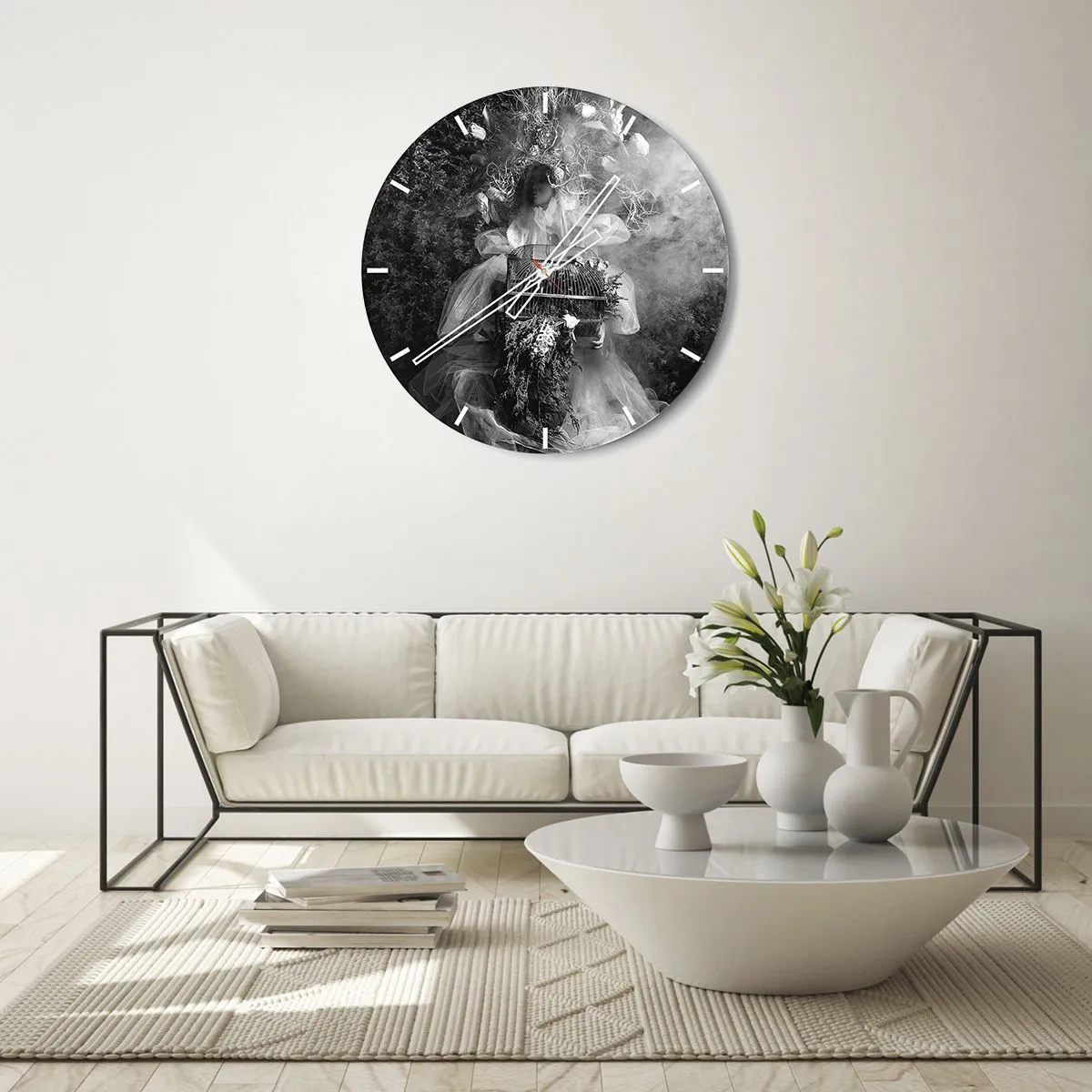 Vægur, Uret - Kunstnerisk figur med et bur og en blomsterkomposition i røgen - 30x30cm - Selve Moder - Naturen - Moderne vægdekoration til stue, køkken og soveværelse ARTTOR