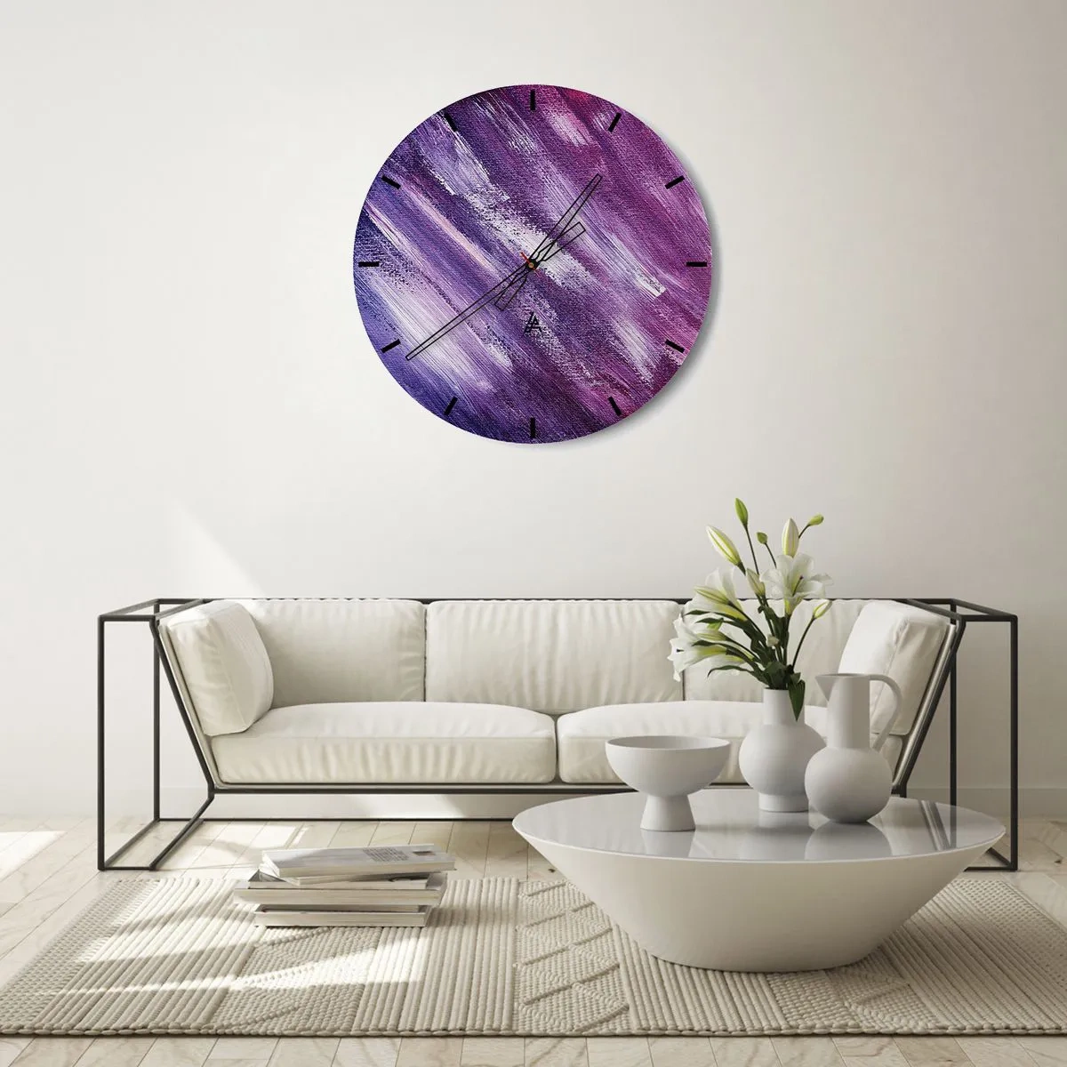 Vægur, Uret - Abstrakte penselstrøg i lilla og lyserøde nuancer - 30x30cm - Når den solrige vind blæser - Moderne vægdekoration til stue, køkken og soveværelse ARTTOR