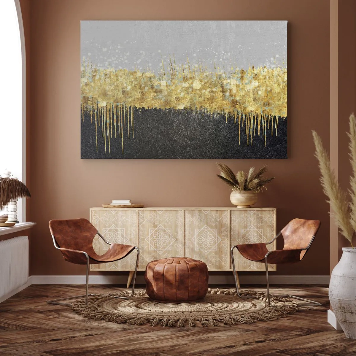 Lærredstryk - Billede på lærred - Abstrakt komposition i nuancer af guld og sort - 70x50cm - Indad og opad - Moderne vægdekoration til stue og soveværelse ARTTOR