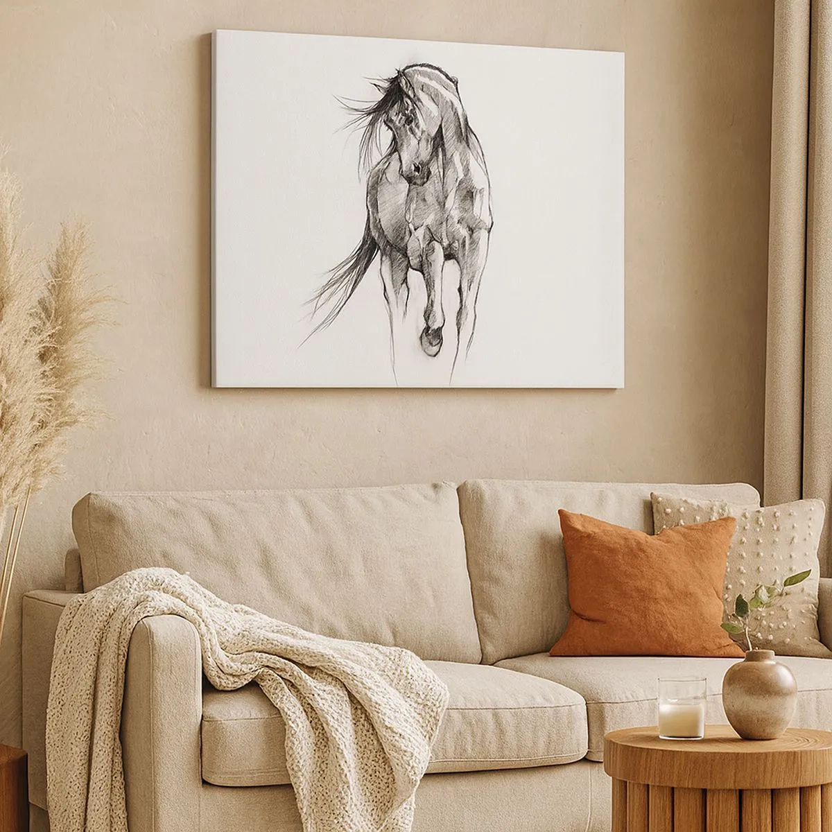 Lærredstryk - Billede på lærred - Sort og hvid skitse af en galoperende hest - 70x50cm - I en yndefuld trav - Moderne vægdekoration til stue og soveværelse ARTTOR