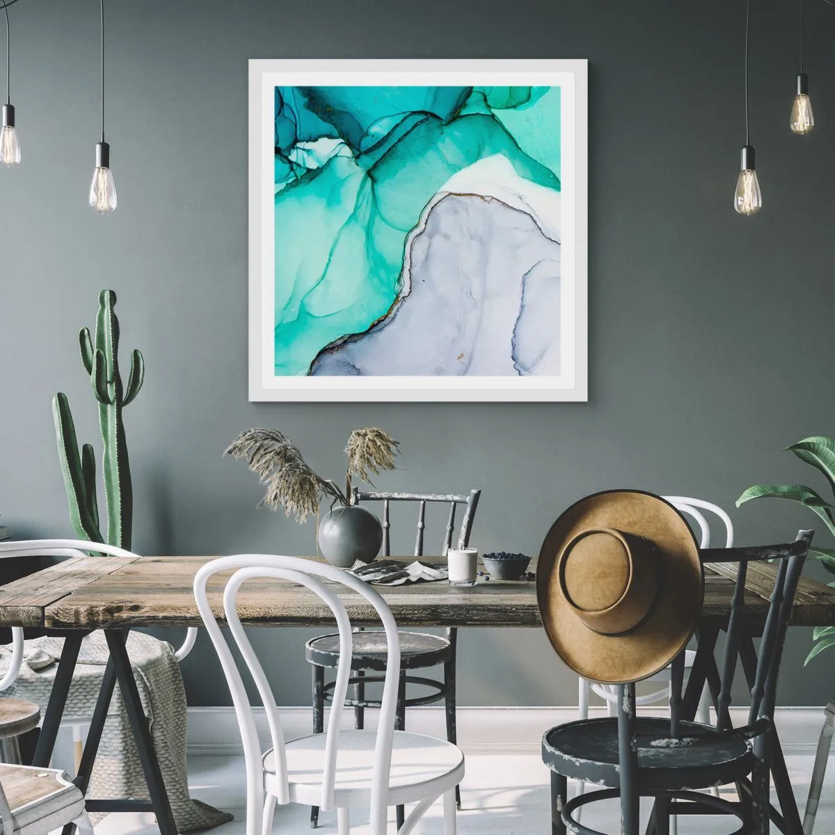 Plakat i hvid ramme - Undersøgelse i turkis - 40x40 cm