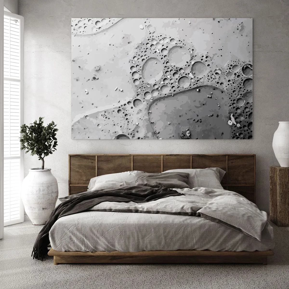 Billede på glas - Abstrakt boblemønster på overfladen i grå nuancer - 70x50cm - Opskummet spor - Moderne vægdekoration til stue og soveværelse ARTTOR