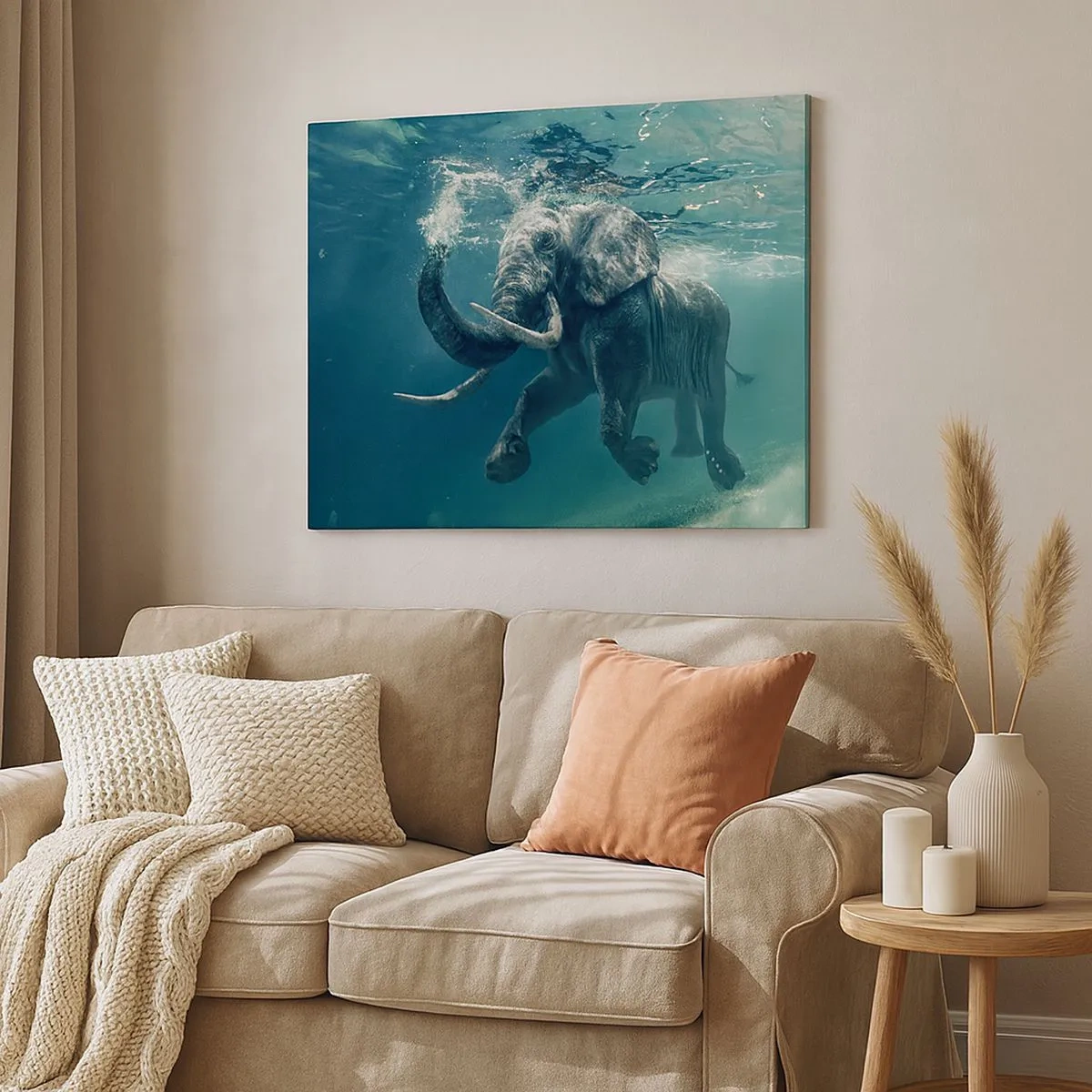 Lærredstryk - Billede på lærred - En elefant, der svømmer under vandet i det turkisblå dyb - 70x50cm - Alle kan lide at svømme - Moderne vægdekoration til stue og soveværelse ARTTOR