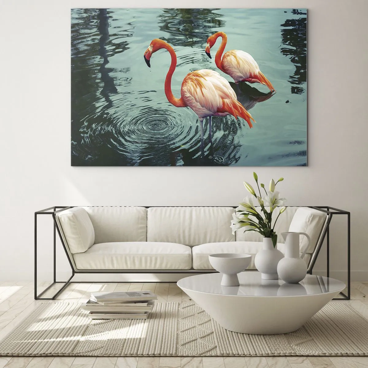 Billede på glas - Flamingoer på vandet i en harmonisk komposition - 70x50cm - Vi er nu på mode - Moderne vægdekoration til stue og soveværelse ARTTOR