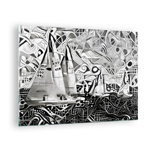 Billede på glas - Sort-hvid abstraktion med sejlbåde og geometriske mønstre - 70x50cm - Mellem bølgerne - Moderne vægdekoration til stue og soveværelse ARTTOR