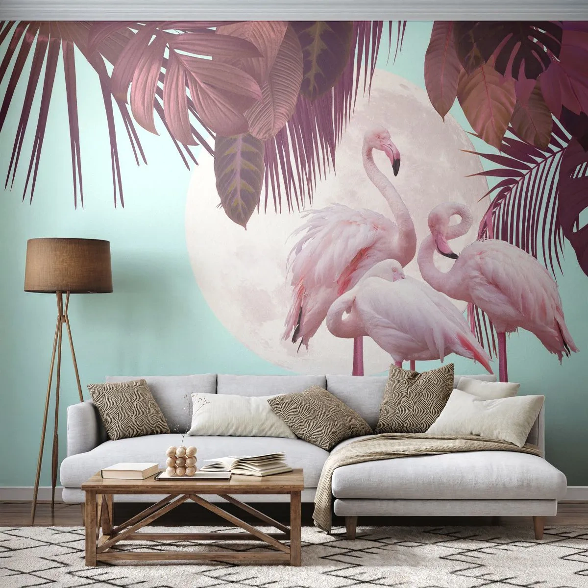 Fototapet Selvklæbende Deluxe Sticker - Tre fugles ynde - Flamingoer, Fugle, Natur - 450x315 cm