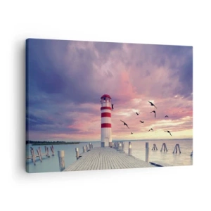 Lærredstryk - Billede på lærred - Et fyrtårn på molen omgivet af en malerisk solnedgang - 70x50cm - Det er tid til havnen - Moderne vægdekoration til stue og soveværelse ARTTOR