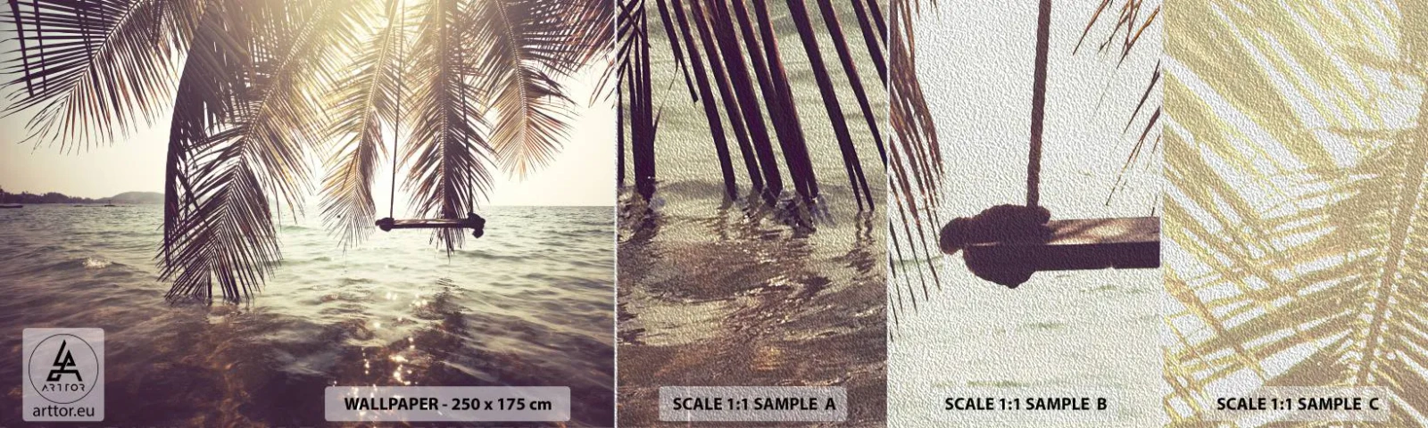 Prøve Fototapet Premium Sand - Du kan svæve i skyerne efter behag - Landskab, Kokospalme, Hav - 100x30 cm