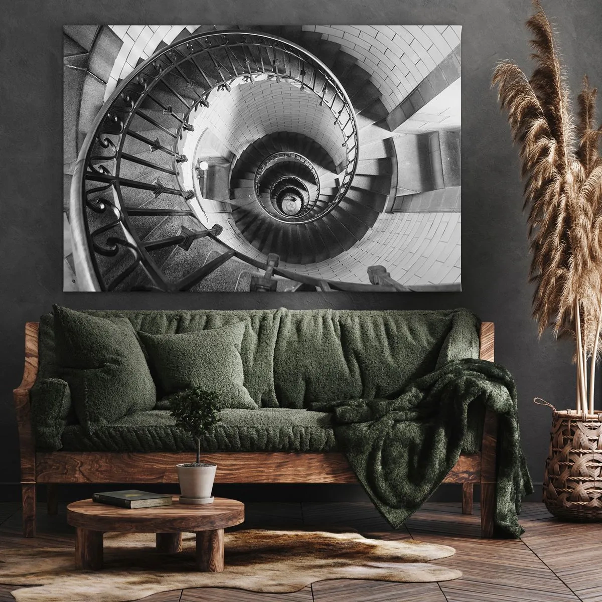Lærredstryk - Billede på lærred - Sort-hvidt fotografi af en vindeltrappe set ovenfra - 70x50cm - Højt og højere - Moderne vægdekoration til stue og soveværelse ARTTOR