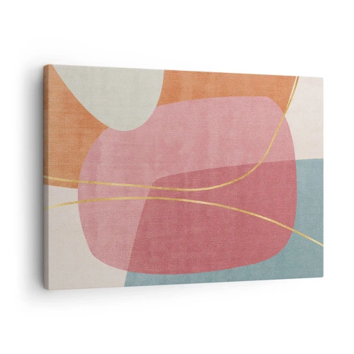Lærredstryk - Billede på lærred - Abstrakte former i pastelfarver med fine linjer - 70x50cm - Pastelkomposition med guldtråd - Moderne vægdekoration til stue og soveværelse ARTTOR