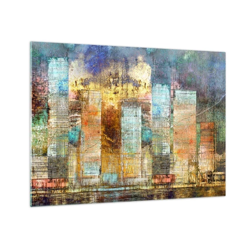Billede på glas - Farverigt abstrakt panorama af byens skyskrabere i kunstnerisk stil - 70x50cm - Solrig metropol - Moderne vægdekoration til stue og soveværelse ARTTOR