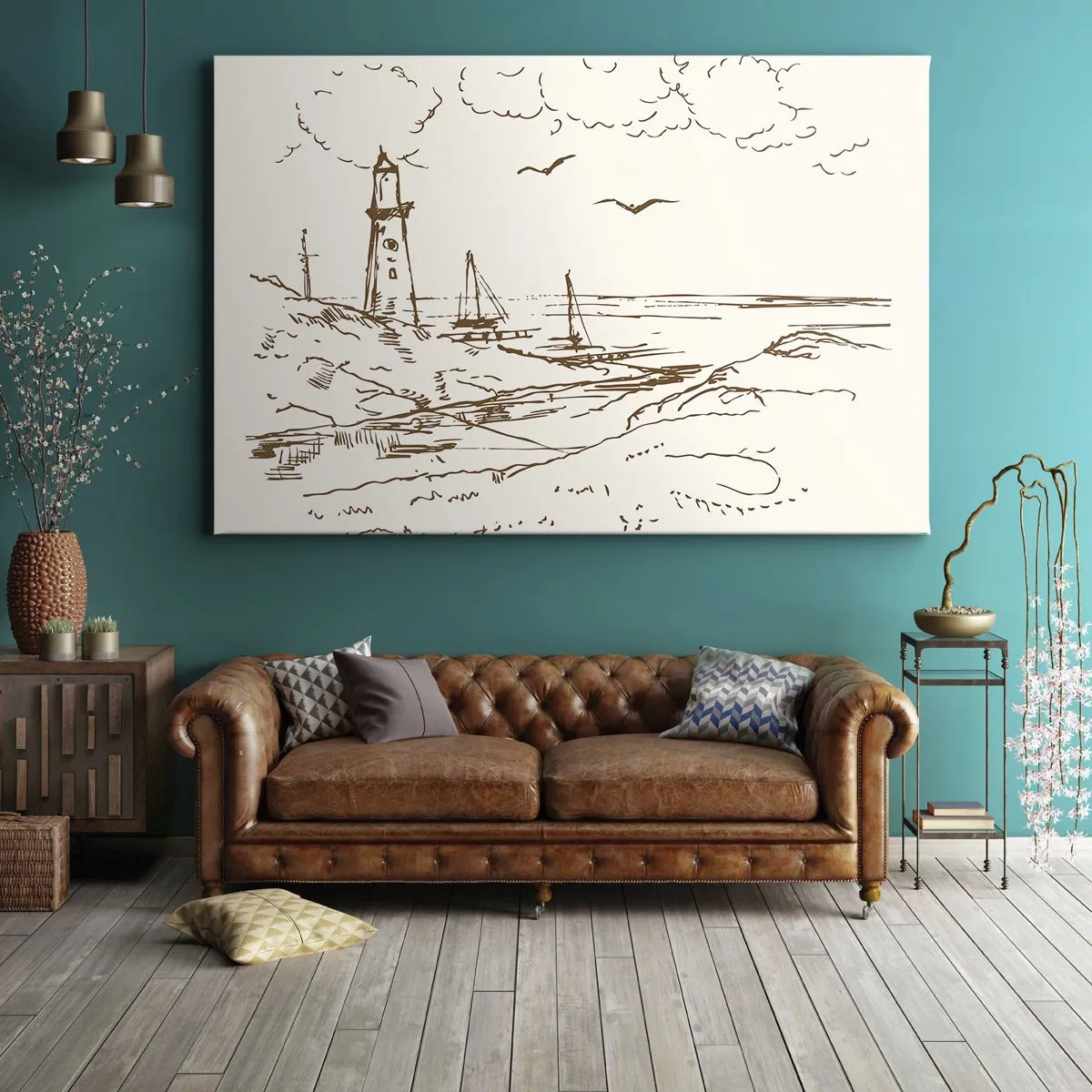 Lærredstryk - Billede på lærred - Skitse af et fyrtårn med udsigt over havet - 70x50cm - Oversigt over sommerminder - Moderne vægdekoration til stue og soveværelse ARTTOR