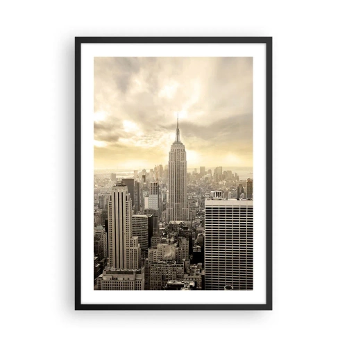 Plakat i sort ramme - Panorama over New York City med Empire State Building - 50x70cm - New York vævet af grå - Moderne vægdekoration til stue og soveværelse ARTTOR
