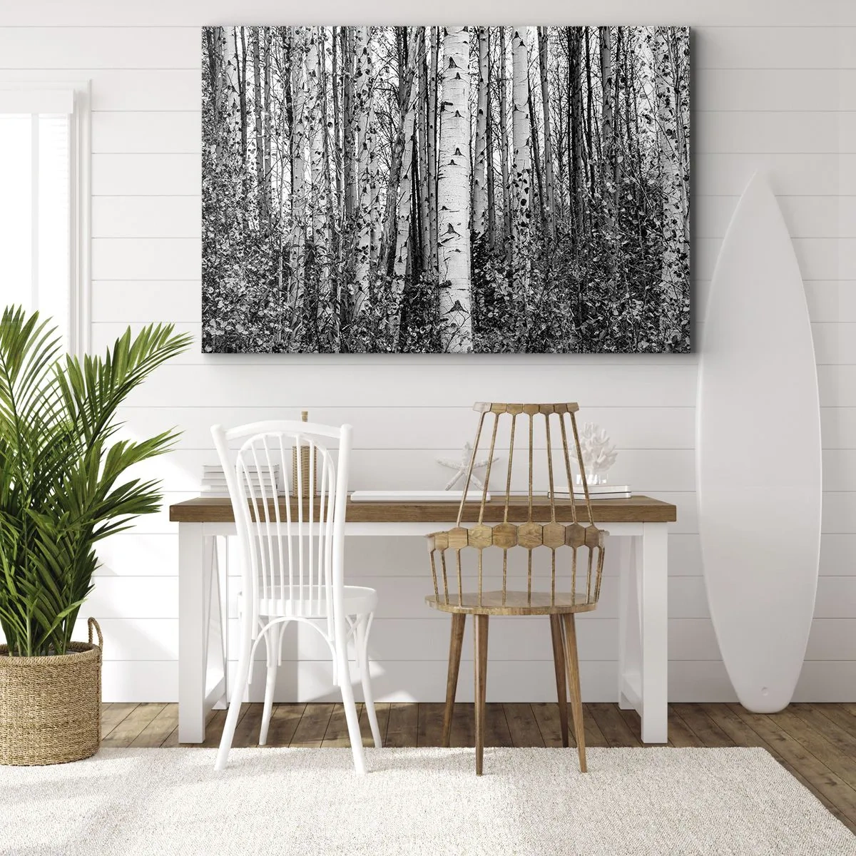 Lærredstryk - Billede på lærred - Sorte og hvide birketræer i skoven - 70x50cm - Kolonnade af birk - Moderne vægdekoration til stue og soveværelse ARTTOR