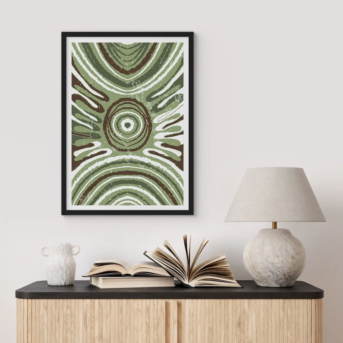 Plakat i sort ramme - Symmetrisk abstrakt mønster i grønne nuancer - 50x70cm - Eksplosion af følelser - Moderne vægdekoration til stue og soveværelse ARTTOR