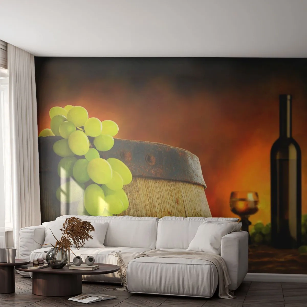 Fototapet Selvklæbende Deluxe Sticker - Stilleben med en flaske vin og en drueklaske - Drue, Vin, Vintønde - 100x70 cm