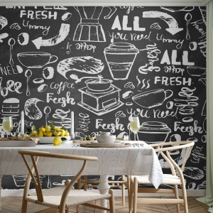 Fototapet Standard Eco - Sort og hvidt kaffemønster med bogstaver - 100x70cm - All you need is… - Moderne vægdekoration til stue og soveværelse ARTTOR