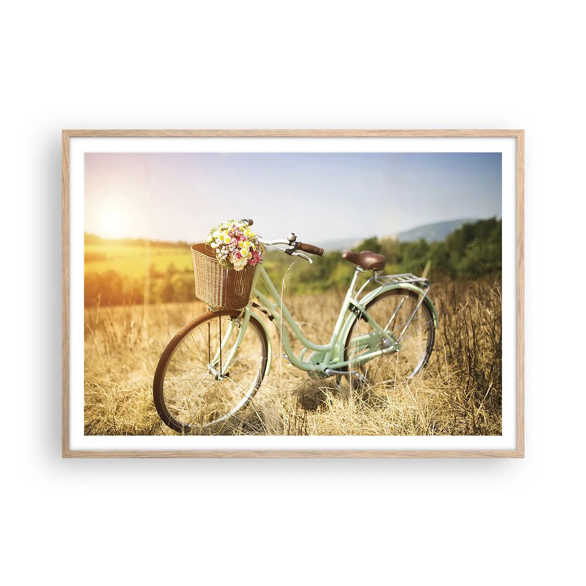 Plakat i ramme af lyst egetræ - Jeg bliver her et stykke tid - 100x70 cm