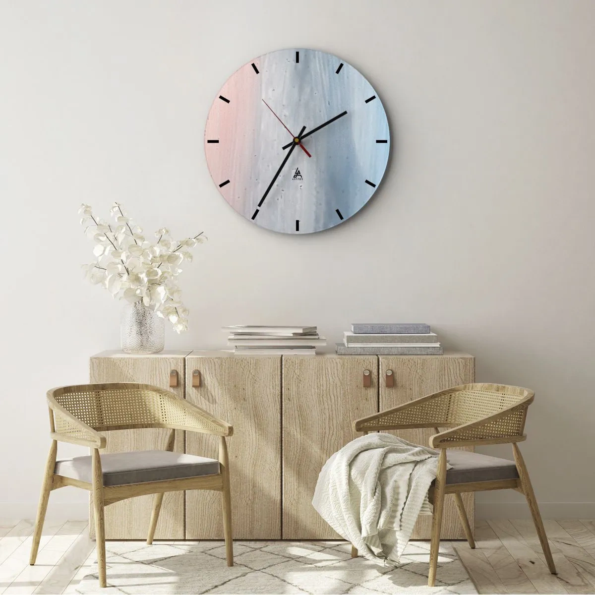 Vægur, Uret - Pastelfarveovergange fra pink over grå til intens blå - 30x30cm - Elementer: luft - Moderne vægdekoration til stue, køkken og soveværelse ARTTOR