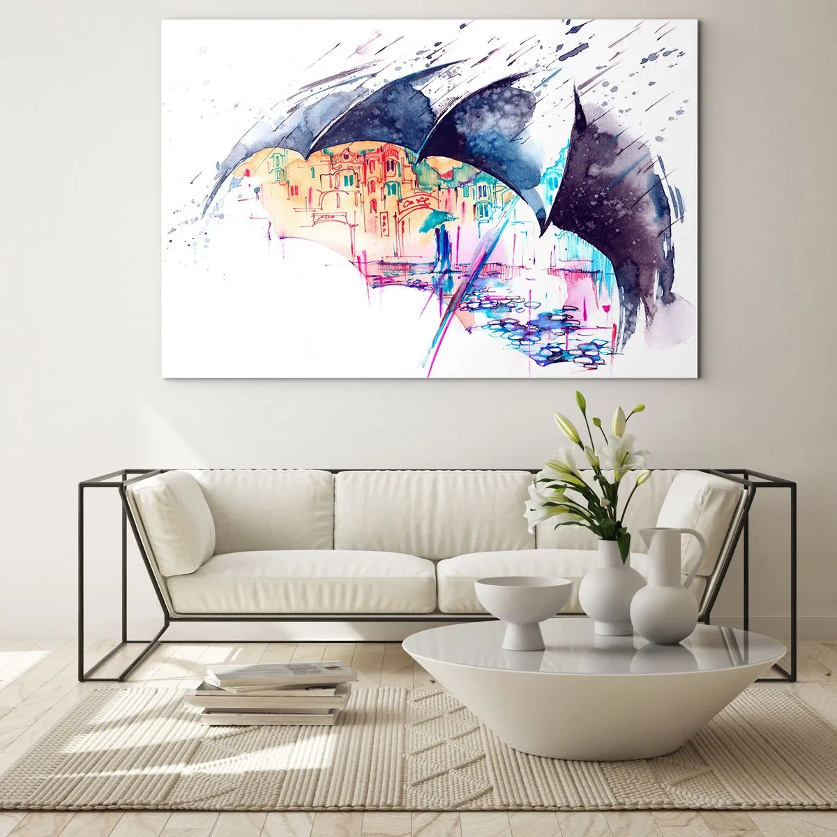 Billede på glas - Gåtur i regnvejr - 100x70 cm