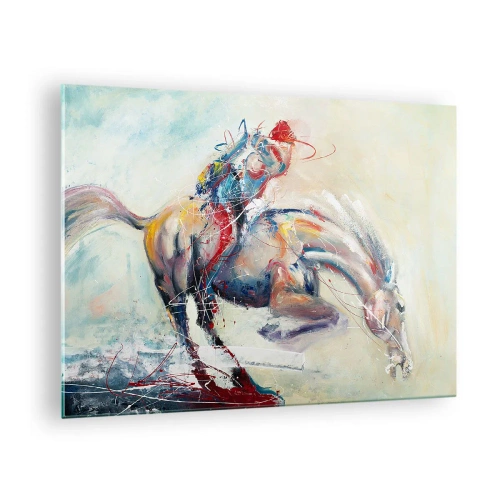 Billede på glas - Et abstrakt billede af en hest i dynamisk bevægelse. - 70x50cm - Hold fast, lad os flyve - Moderne vægdekoration til stue og soveværelse ARTTOR