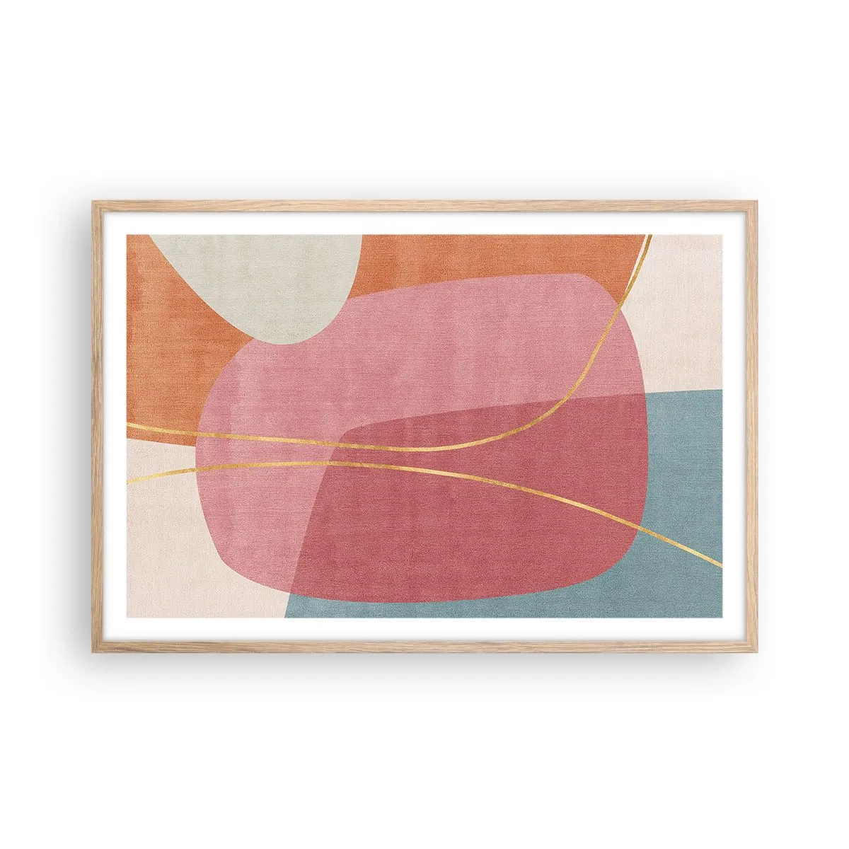 Plakat i ramme af lyst egetræ - Pastelkomposition med guldtråd - 91x61 cm