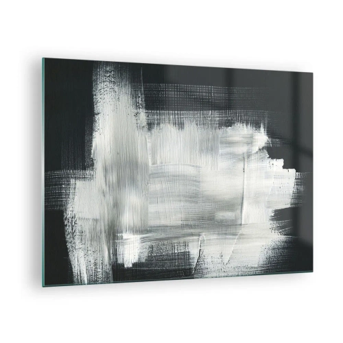 Billede på glas - Minimalistisk abstraktion i sort-hvid - 70x50cm - Vævet af det lodrette og det vandrette - Moderne vægdekoration til stue og soveværelse ARTTOR