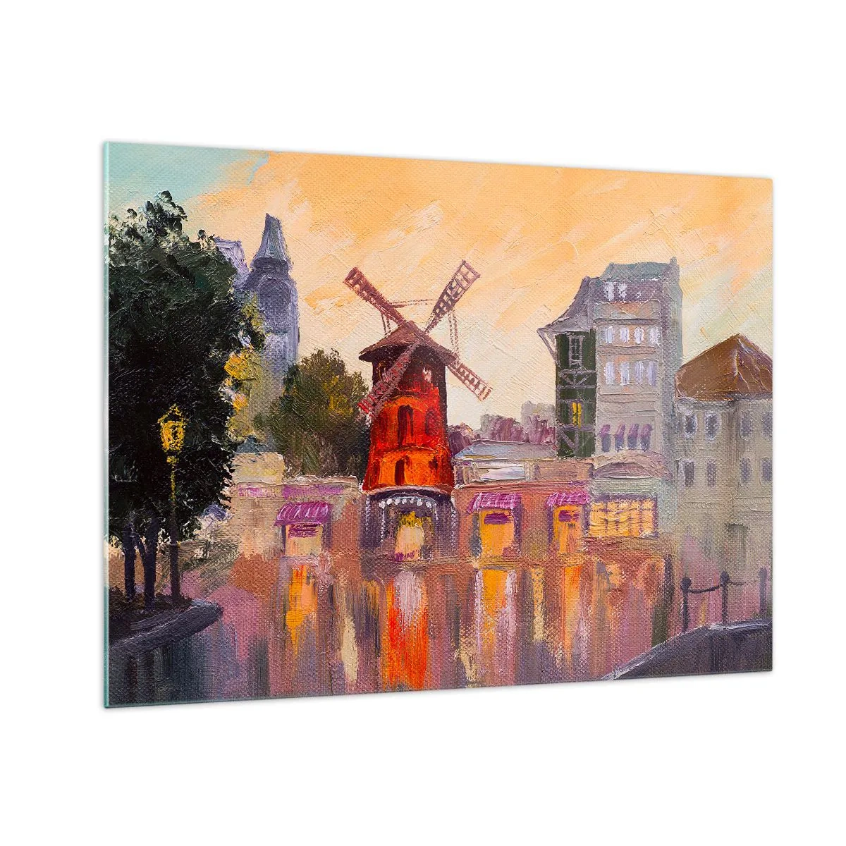 Billede på glas - Den røde vindmølle på Moulin Rouge blandt parisiske lejlighedshuse - 70x50cm - Parisiske ikoner - Moulin Rouge - Moderne vægdekoration til stue og soveværelse ARTTOR
