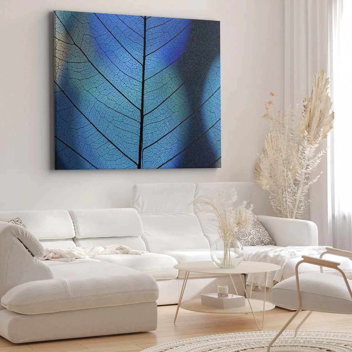 Lærredstryk - Billede på lærred - Nærbillede af et blåt blad med synlige åredetaljer - 70x50cm - Indviklet konstruktion - Moderne vægdekoration til stue og soveværelse ARTTOR