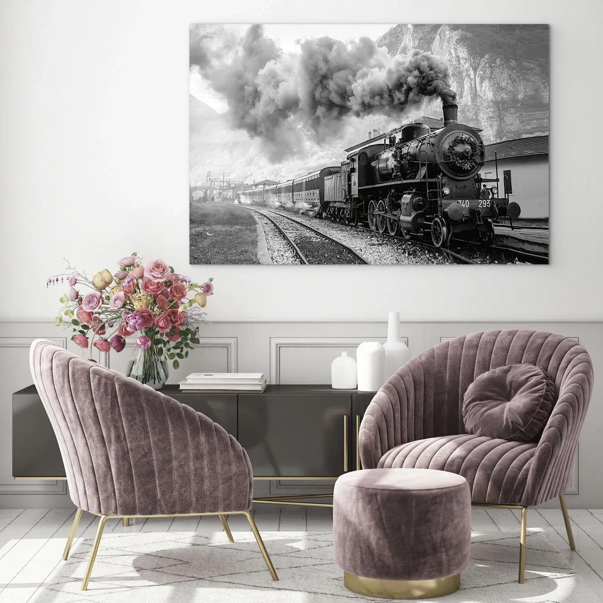 Billede på glas - Et gammelt damptog i et bjerglandskab - 70x50cm - Står på stationen... - Moderne vægdekoration til stue og soveværelse ARTTOR