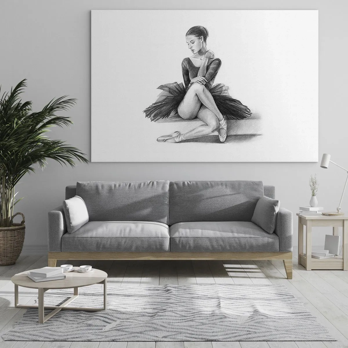 Billede på glas - Skitse af en ballerina i en sort kjole i en eftertænksom positur - 70x50cm - Fortryllet af dans - Moderne vægdekoration til stue og soveværelse ARTTOR