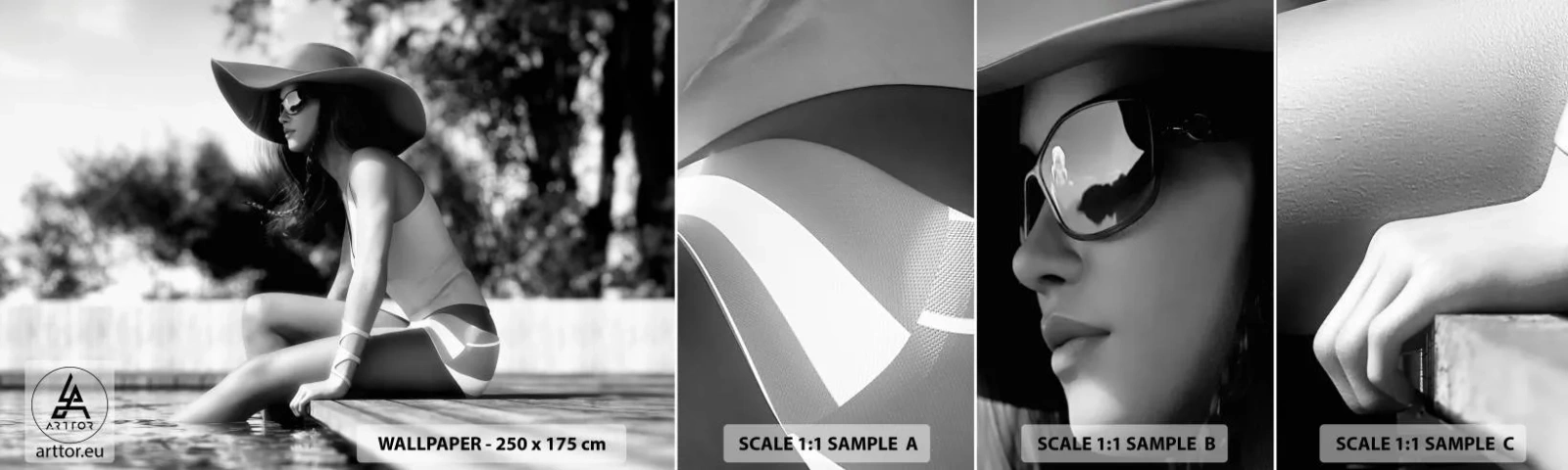 Fototapet Prøve Standard Eco - Sommerdrøm - Kvinde, Hat, Svømmepøl - 100x30 cm