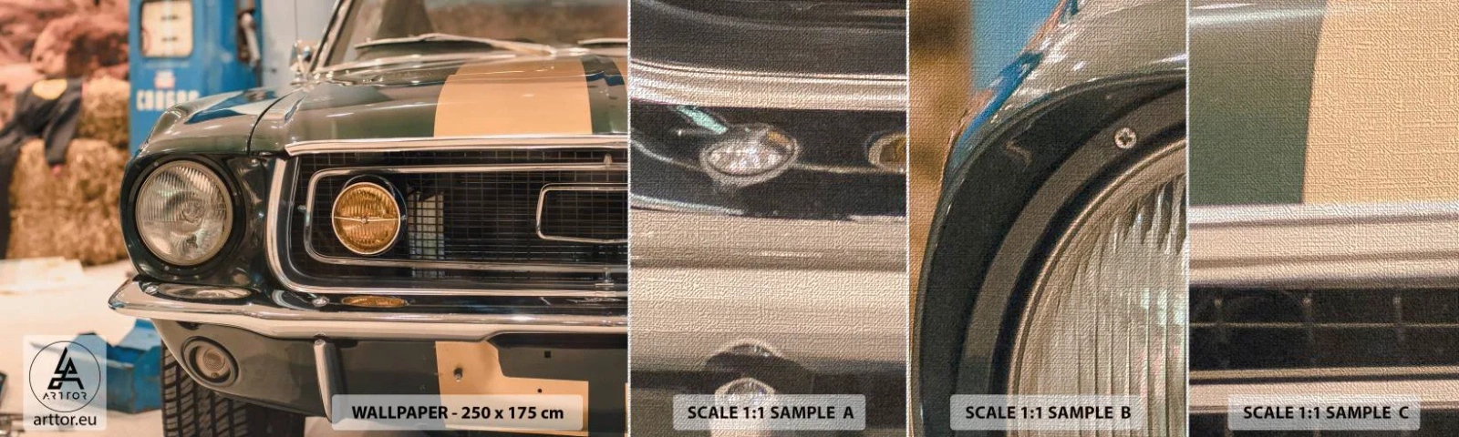 Prøve Fototapet Premium Canvas - Møde med en legende - Bil, Automotive, Gammeldags - 100x30 cm