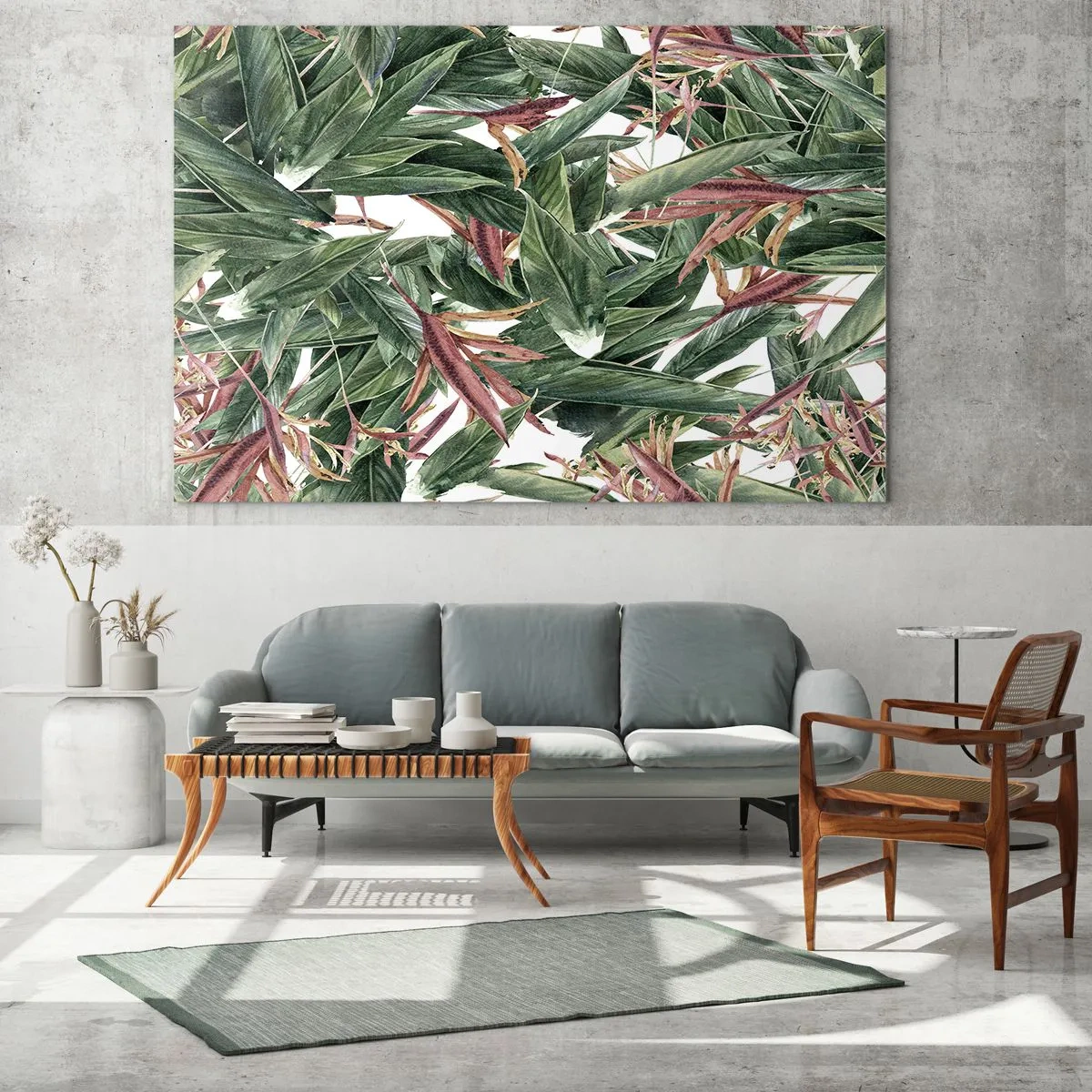 Billede på glas - Blade i nuancer af grønt og bordeaux på en lys baggrund - 70x50cm - Smaragd- og syrenbuskads - Moderne vægdekoration til stue og soveværelse ARTTOR