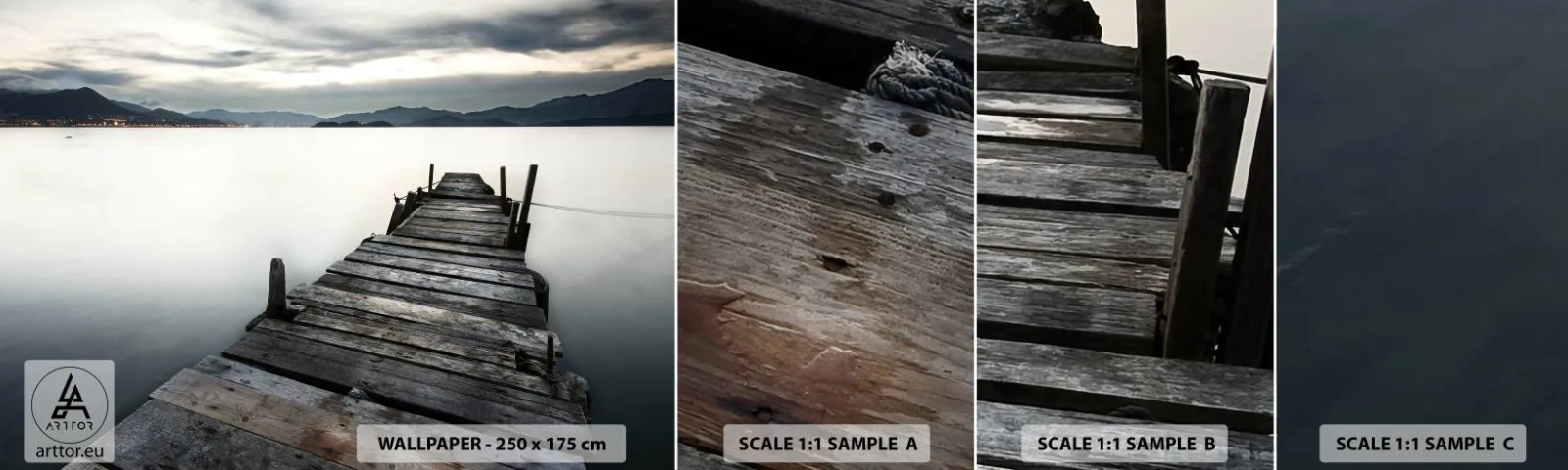 Fototapet Prøve Standard Eco - Fordyb dig i ro og fred - Landskab, Sø, træbro - 100x30 cm