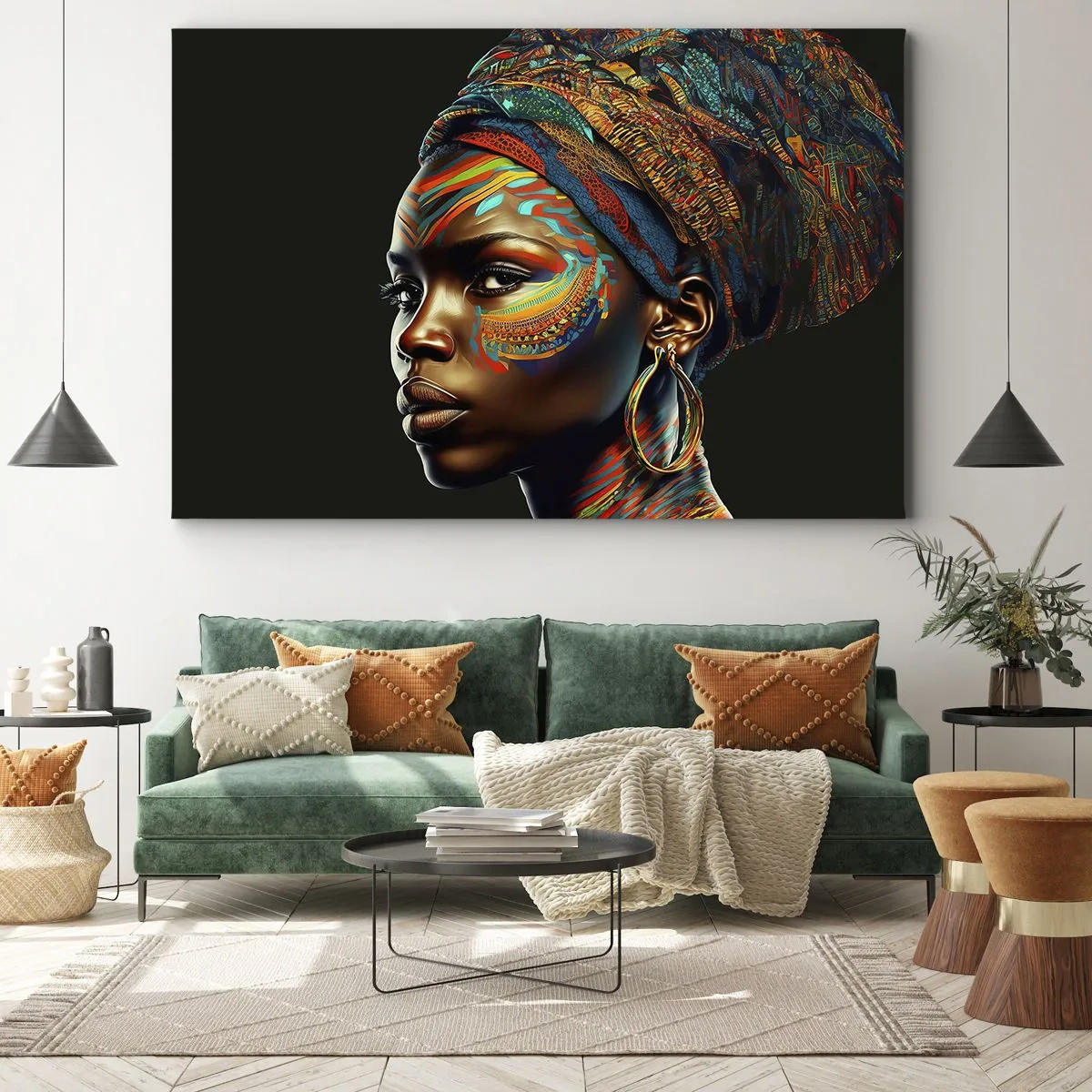 Lærredstryk - Billede på lærred - Portræt af en kvinde med et farverigt mønster og en turban - 70x50cm - Afrikansk dronning - Moderne vægdekoration til stue og soveværelse ARTTOR