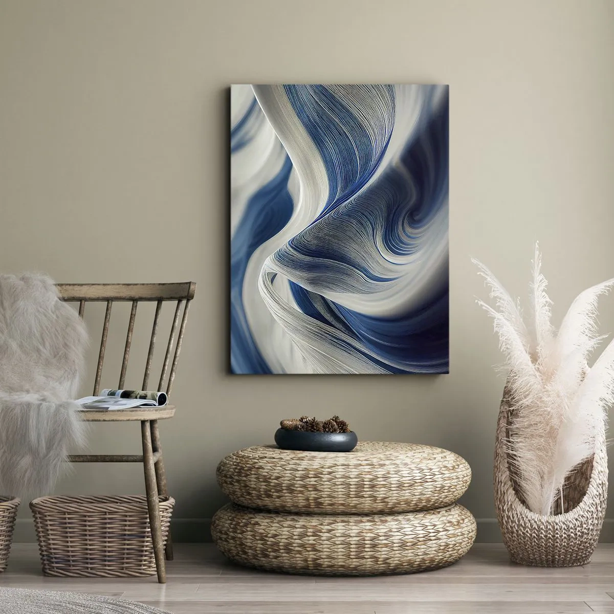 Lærredstryk - Billede på lærred - Flydende blå og hvide farver - 50x70 cm