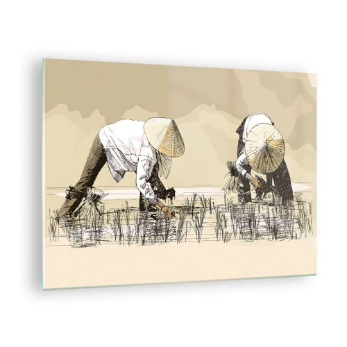 Billede på glas - En minimalistisk illustration af landmænd, der arbejder - 70x50cm - God høst - Moderne vægdekoration til stue og soveværelse ARTTOR