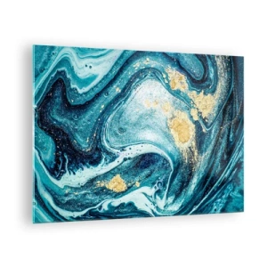 Billede på glas - Abstrakte hvirvler i nuancer af turkis og guld - 70x50cm - Blå boblebad - Moderne vægdekoration til stue og soveværelse ARTTOR