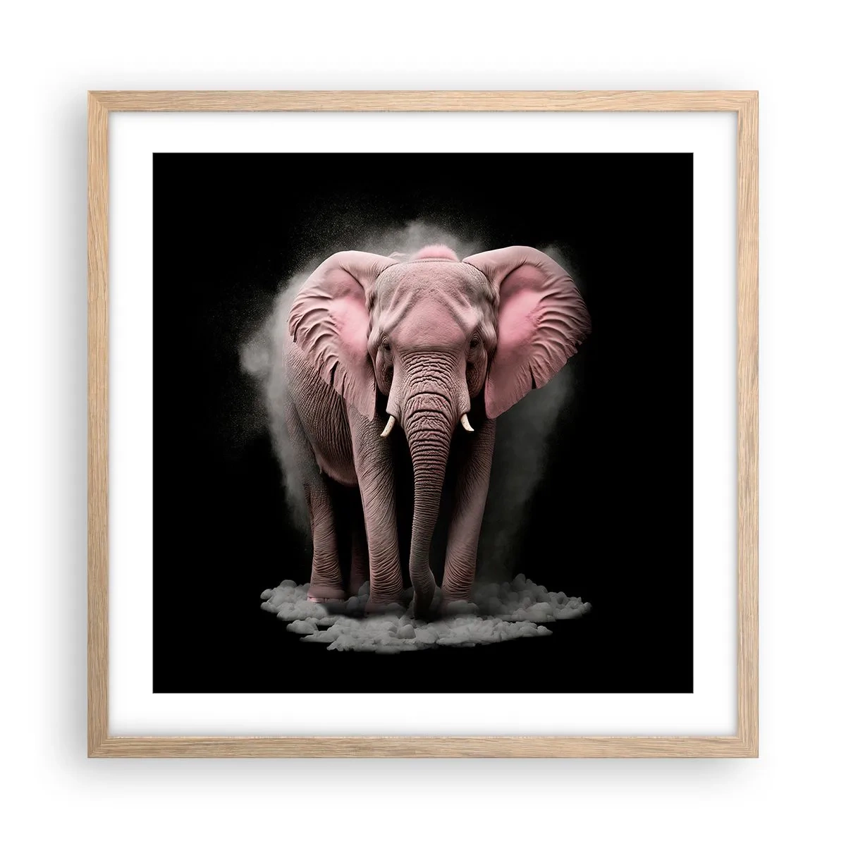 Plakat i ramme af lyst egetræ - Tænk ikke på en lyserød elefant! - 50x50 cm