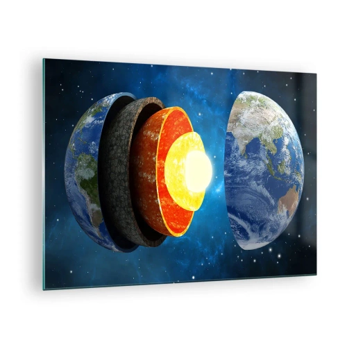 Billede på glas - Et tværsnit af Jorden, der viser dens lag mod rummets baggrund. - 70x50cm - Ekspedition til jordens indre - Moderne vægdekoration til stue og soveværelse ARTTOR