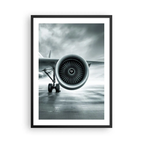 Plakat i sort ramme - En flyjetmotor i monokrome toner - 50x70cm - Der er kraft! - Moderne vægdekoration til stue og soveværelse ARTTOR