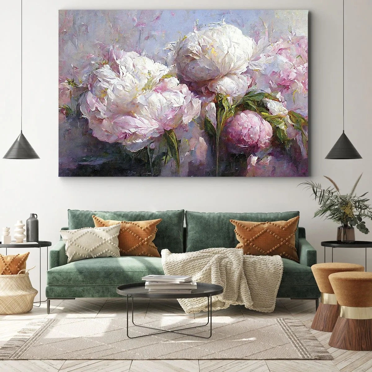 Lærredstryk - Billede på lærred - Romantiske pæonblomster i pastelfarver - 70x50cm - En buket fyldt med liv - Moderne vægdekoration til stue og soveværelse ARTTOR