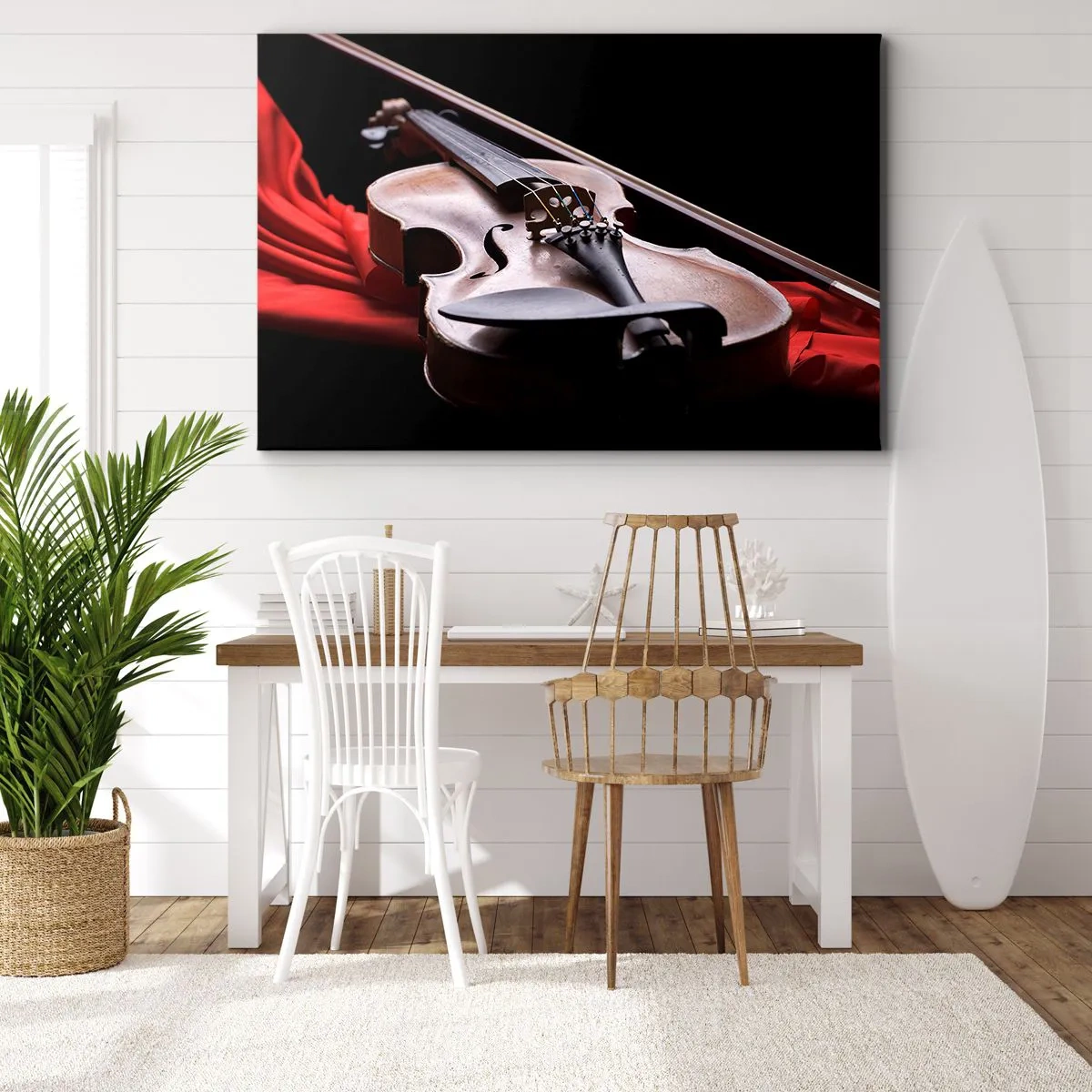 Lærredstryk - Billede på lærred - Violin på rødt stof med sort baggrund - 70x50cm - Musik af følelser - Moderne vægdekoration til stue og soveværelse ARTTOR