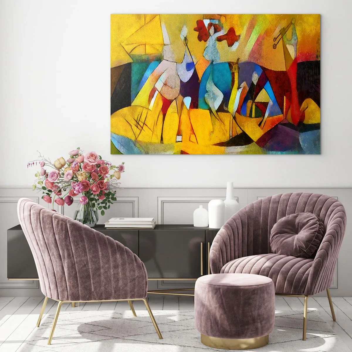 Billede på glas - Farverig abstraktion med figurer og geometriske former - 70x50cm - Sol - liv - glæde - Moderne vægdekoration til stue og soveværelse ARTTOR