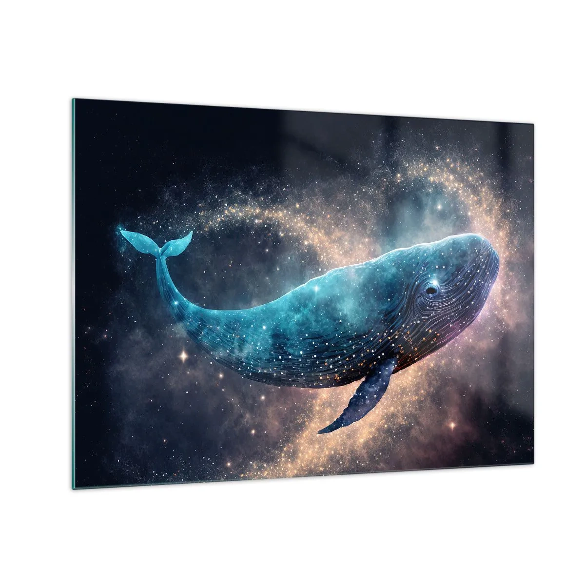 Billede på glas - Blåhval svæver i galaksen - 70x50cm - Der findes en verden... - Moderne vægdekoration til stue og soveværelse ARTTOR