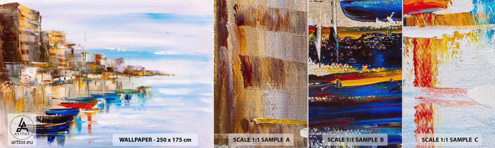 Prøve Fototapet Premium Canvas - Flerfarvet urban havn - Landskab, Havn, Ved havet - 100x30 cm